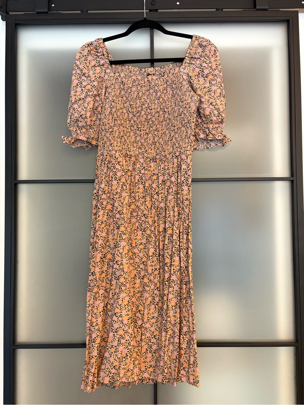 Ann Taylor Smocked Square-Neck Floral Midi Dress in Peach
